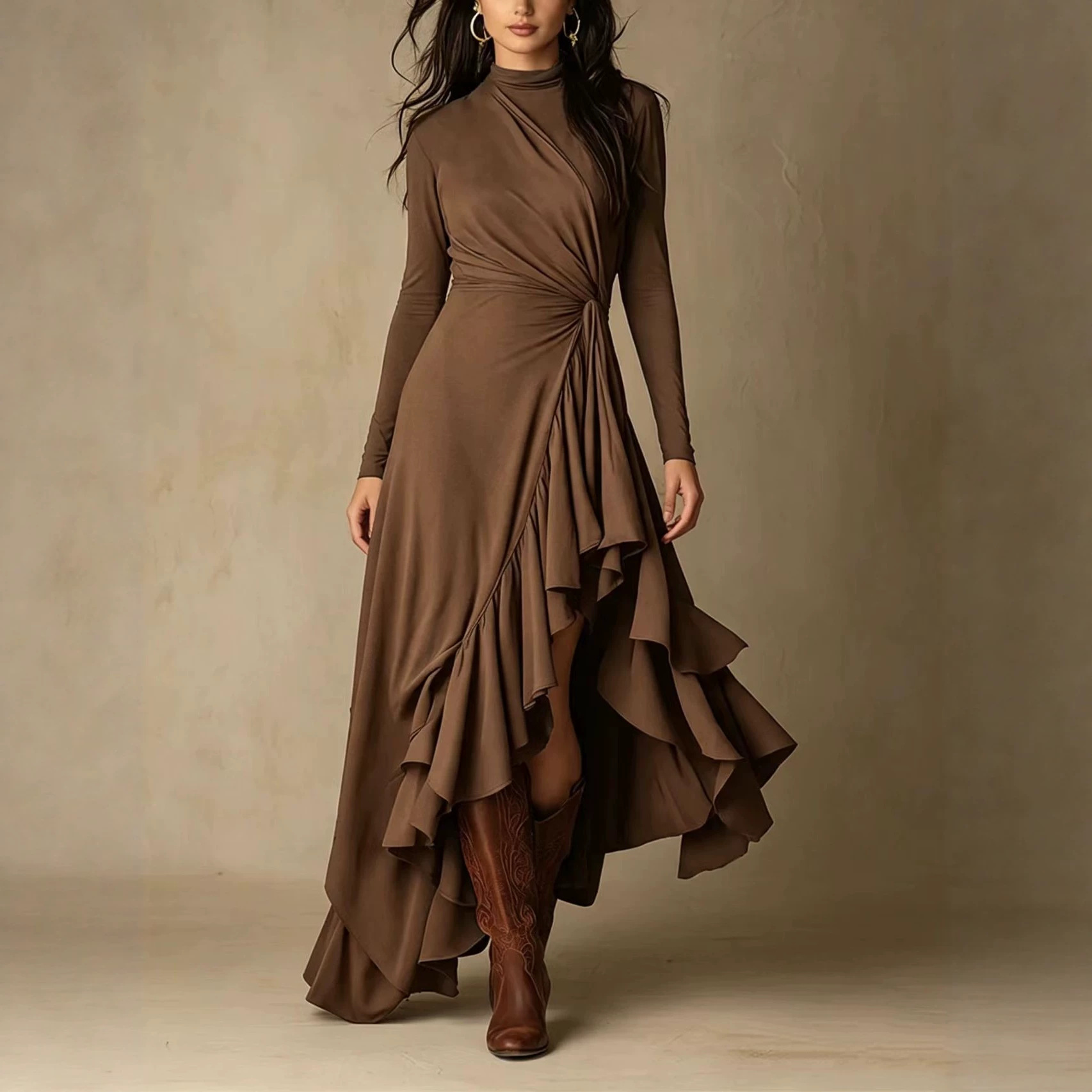 Elegant Solid Long Sleeve Asymmetrical Ruffle Midi Dress