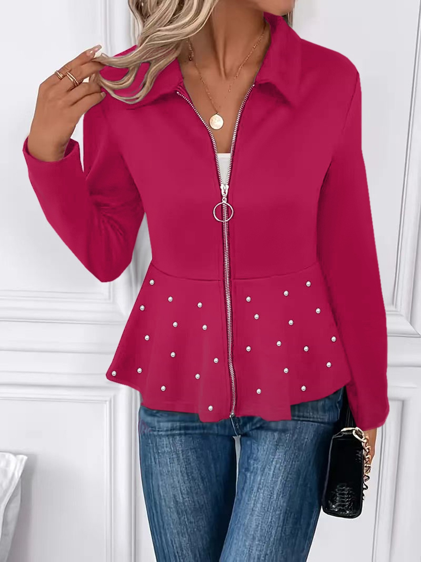 Riveted Lapel Short Blazer with Rhinestone Hem and Zip Waist