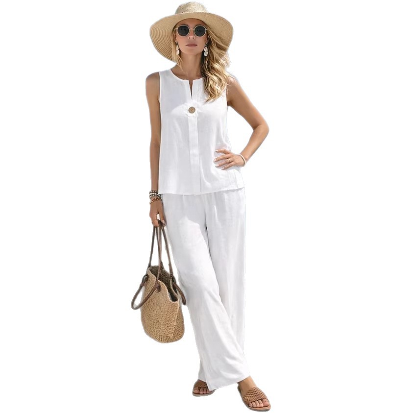 Women's Solid Color Sleeveless Tank Top & Wide-Leg Pants Cotton-Linen Two-Piece Set