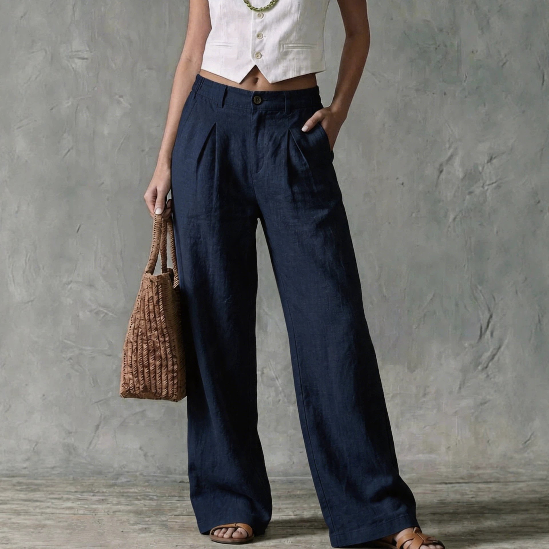 Women's Linen-Blend Wide-Leg Pants High-Waist Solid Casual