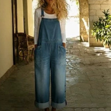 Faux Denim Print Sleeveless Wide-Leg Jumpsuit with Pockets