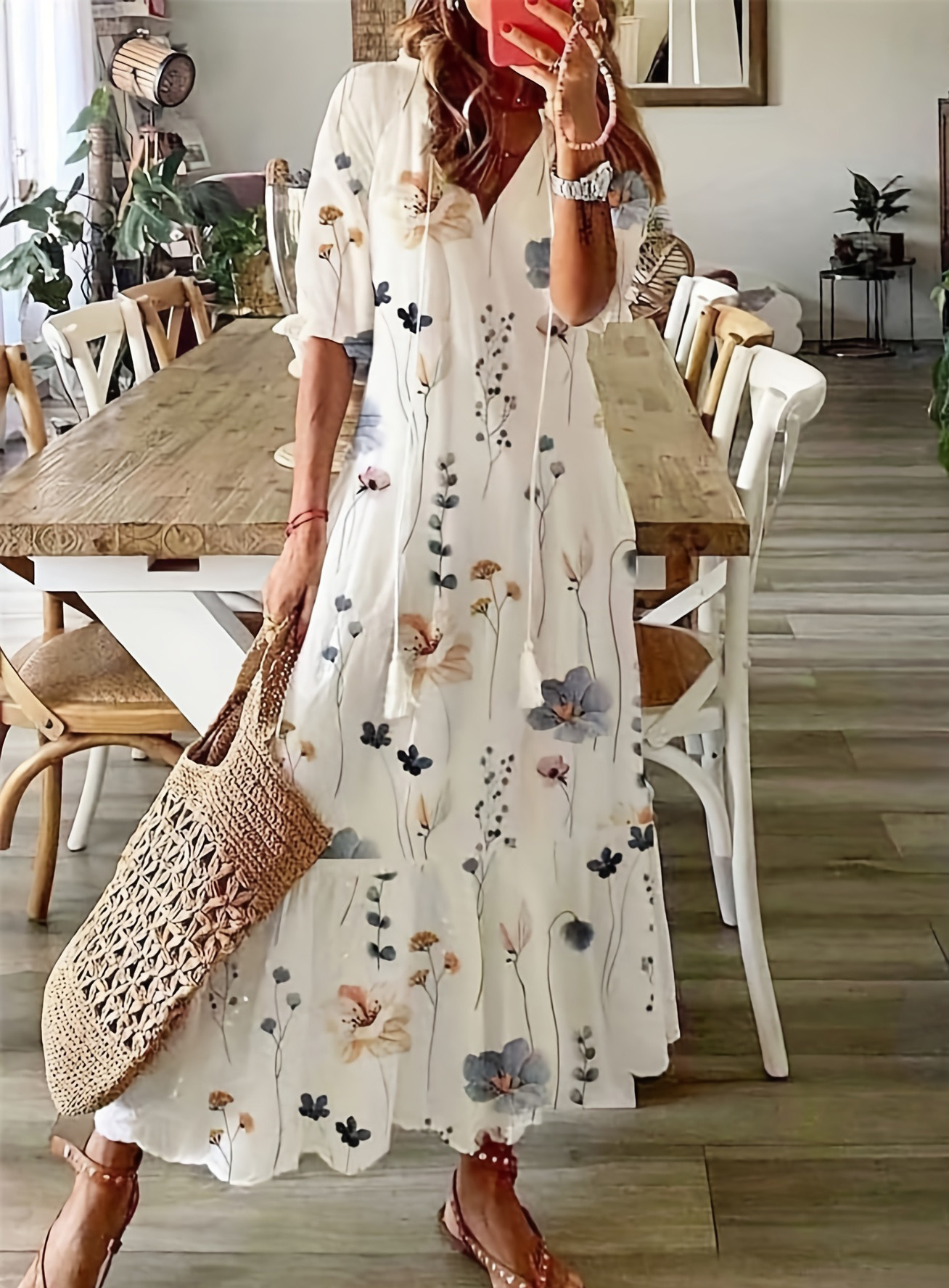 Women's Casual V-Neck Printed Tassel Midi Dress Loose A-Line