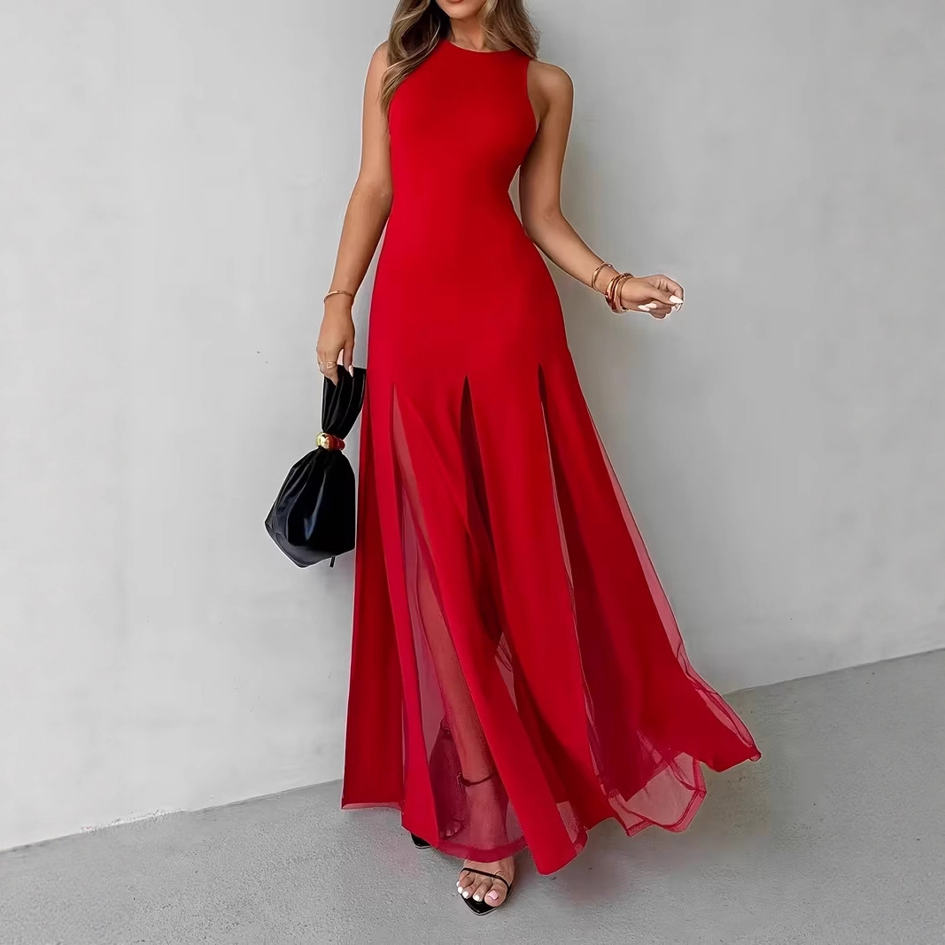 Elegant Sleeveless Chiffon Maxi Dress with Sheer Slit Hem