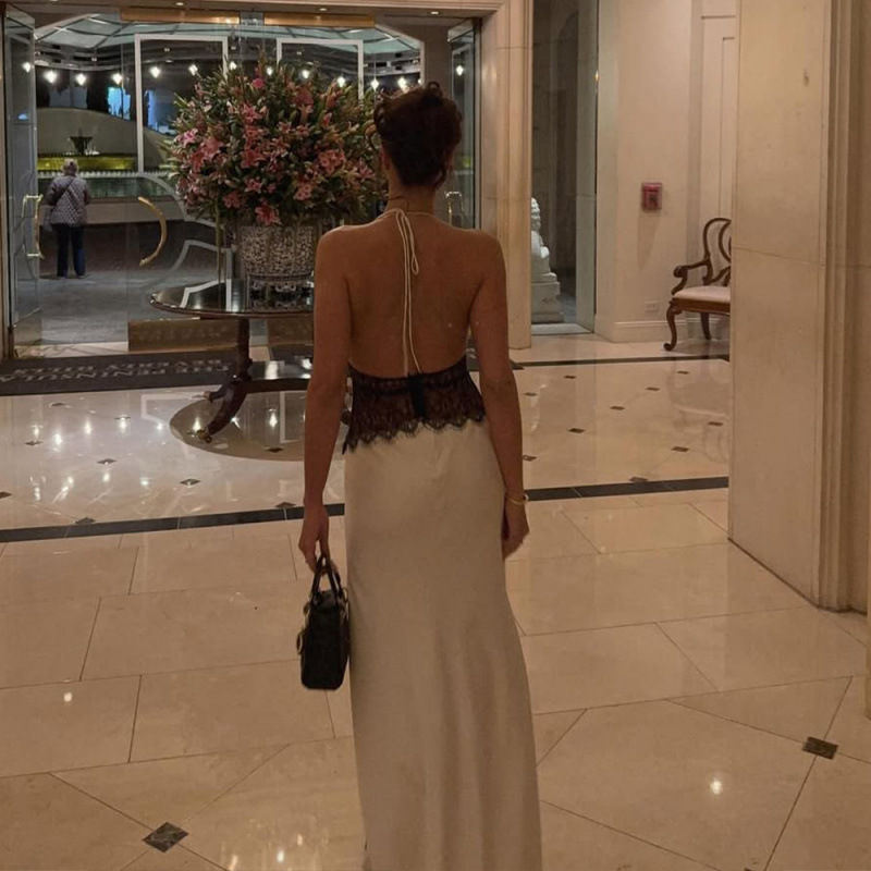 Elegant Deep V Satin Halter Maxi Dress with Spliced Waist