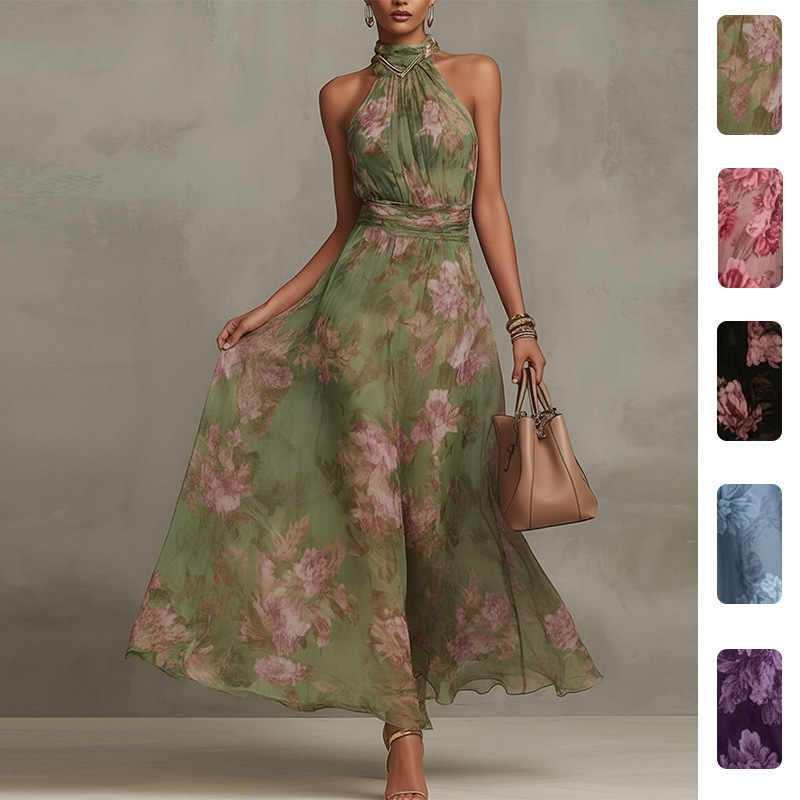 Elegant Halter Neck Sleeveless Floral Print Midi Dress with Waist