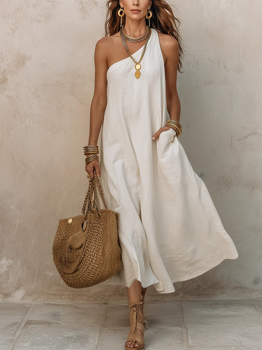 One-Shoulder Solid Color Sleeveless A-Line Maxi Dress