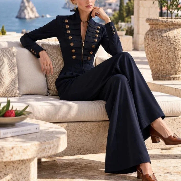 Navy Vintage Military Jumpsuit with Stand Collar, Double-Breasted Metal Buttons, Cinched Waist, Wide Leg