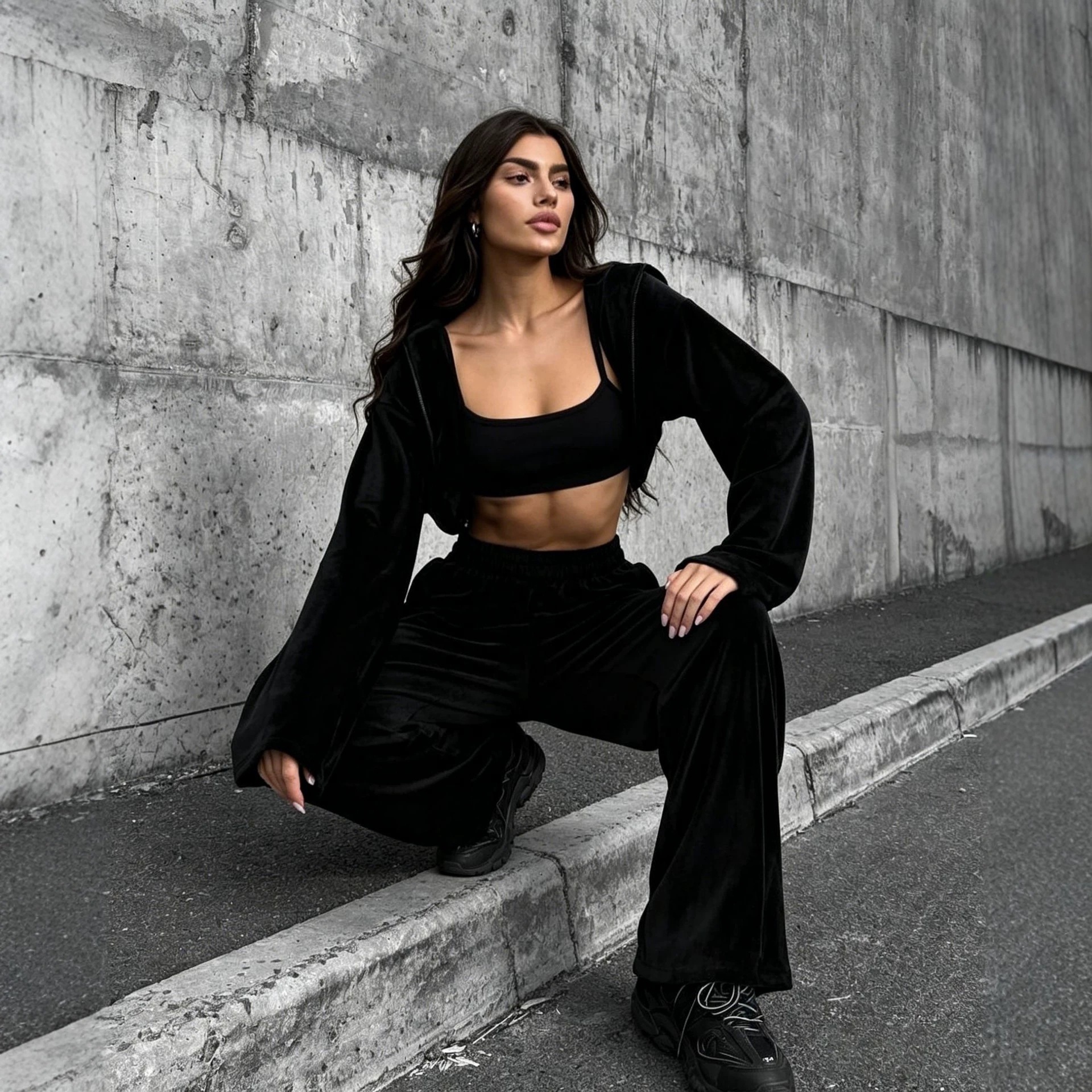 Velvet Hooded Two-Piece Set Women's Cropped Cardigan & High-Waist Wide-Leg Pants