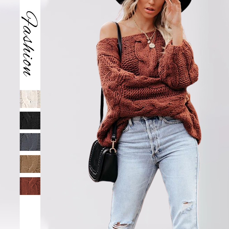 Women's Off-Shoulder Cable Knit Pullover Sweater