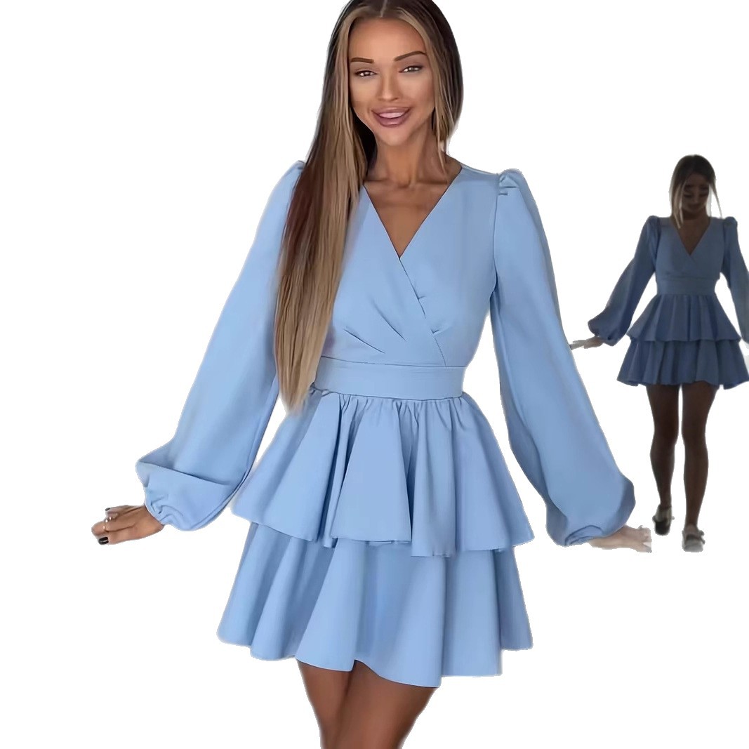 Elegant V-Neck Tie-Waist Long-Sleeve Shirt Dress