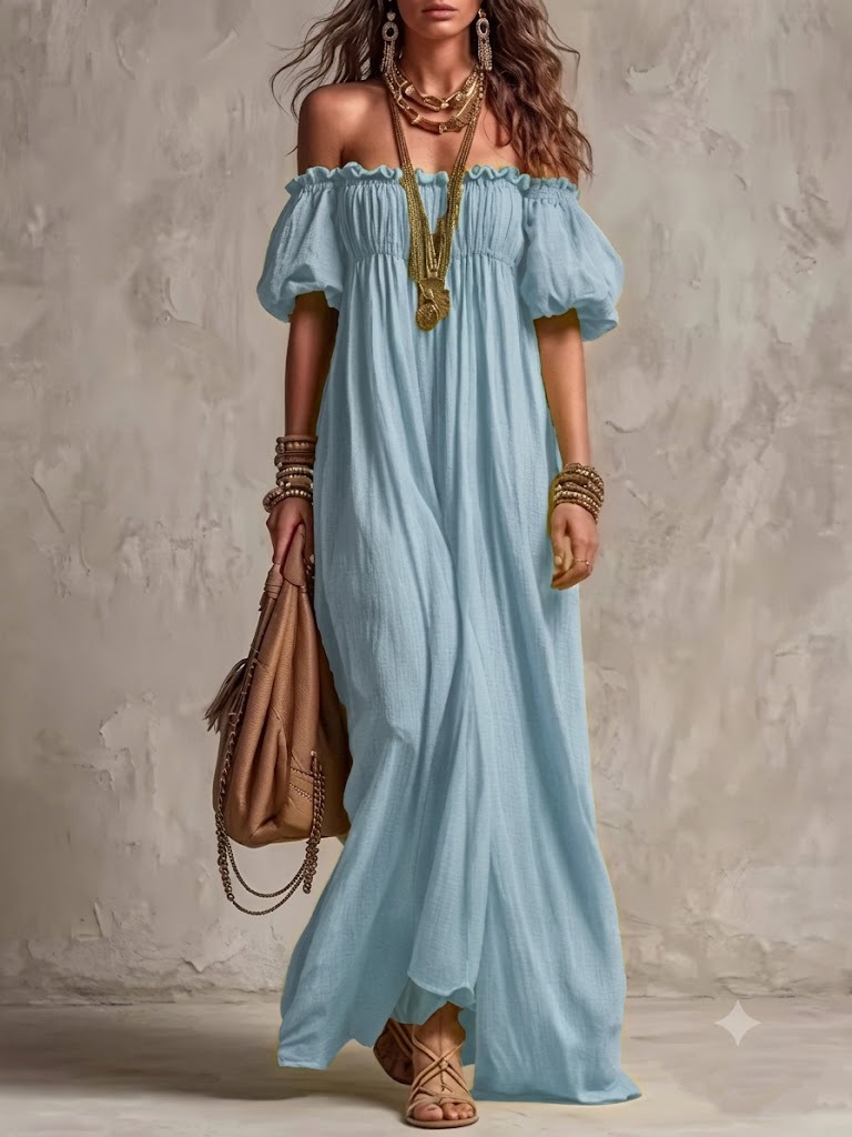 Off-Shoulder Puff Sleeve Long Dress Casual Loose Beach Vacation