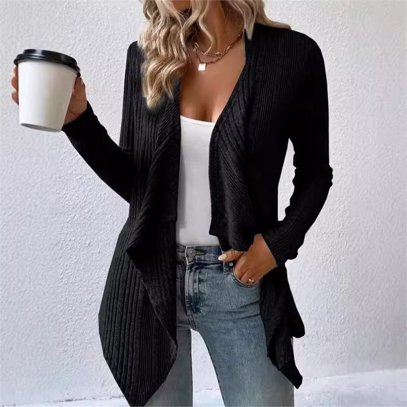 Solid Ribbed Knit Cardigan Long Sleeve V-Neck Loose Fit Casual Sweater Coat