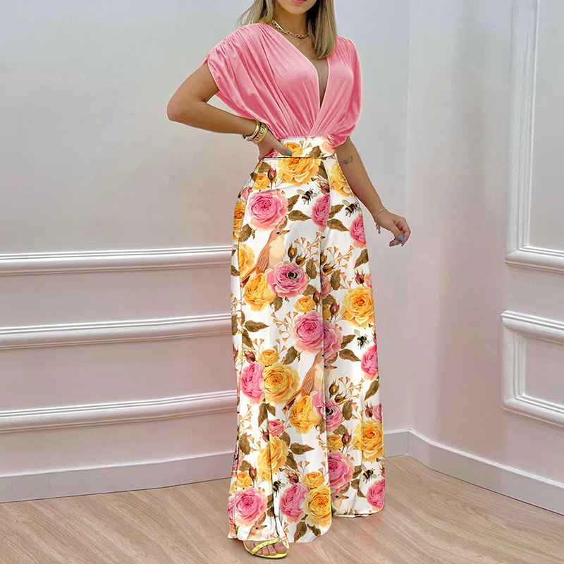 Floral Print Batwing Sleeve Short Sleeve Top and Pants Set