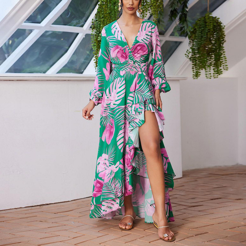Floral Print V-Neck High-Waist Long Dress