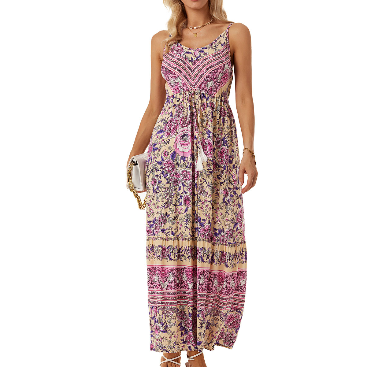 Bohemian Floral Print Sleeveless V-Neck Maxi Dress with Tassels