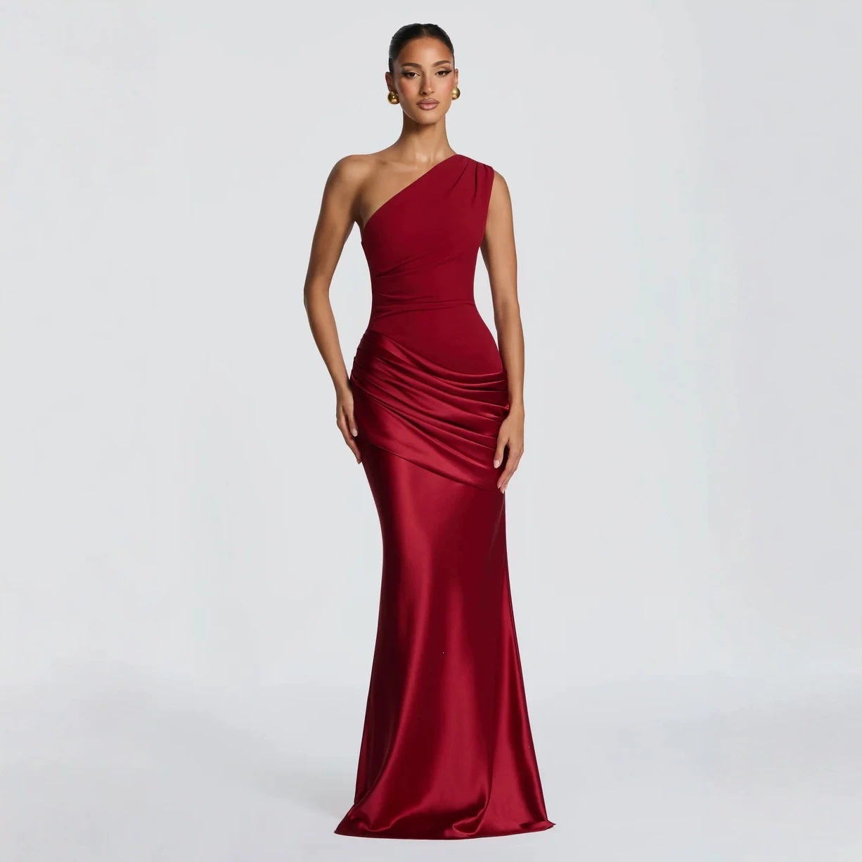One-Shoulder Ruched Satin Bodycon Maxi Dress