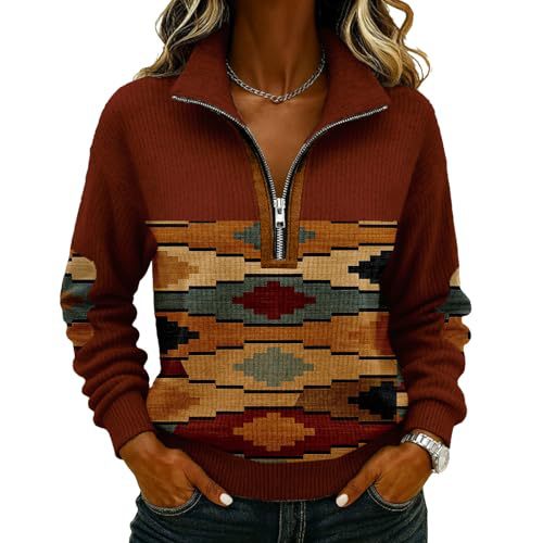 Retro Tribal Print Half-Zip Hoodie for Women