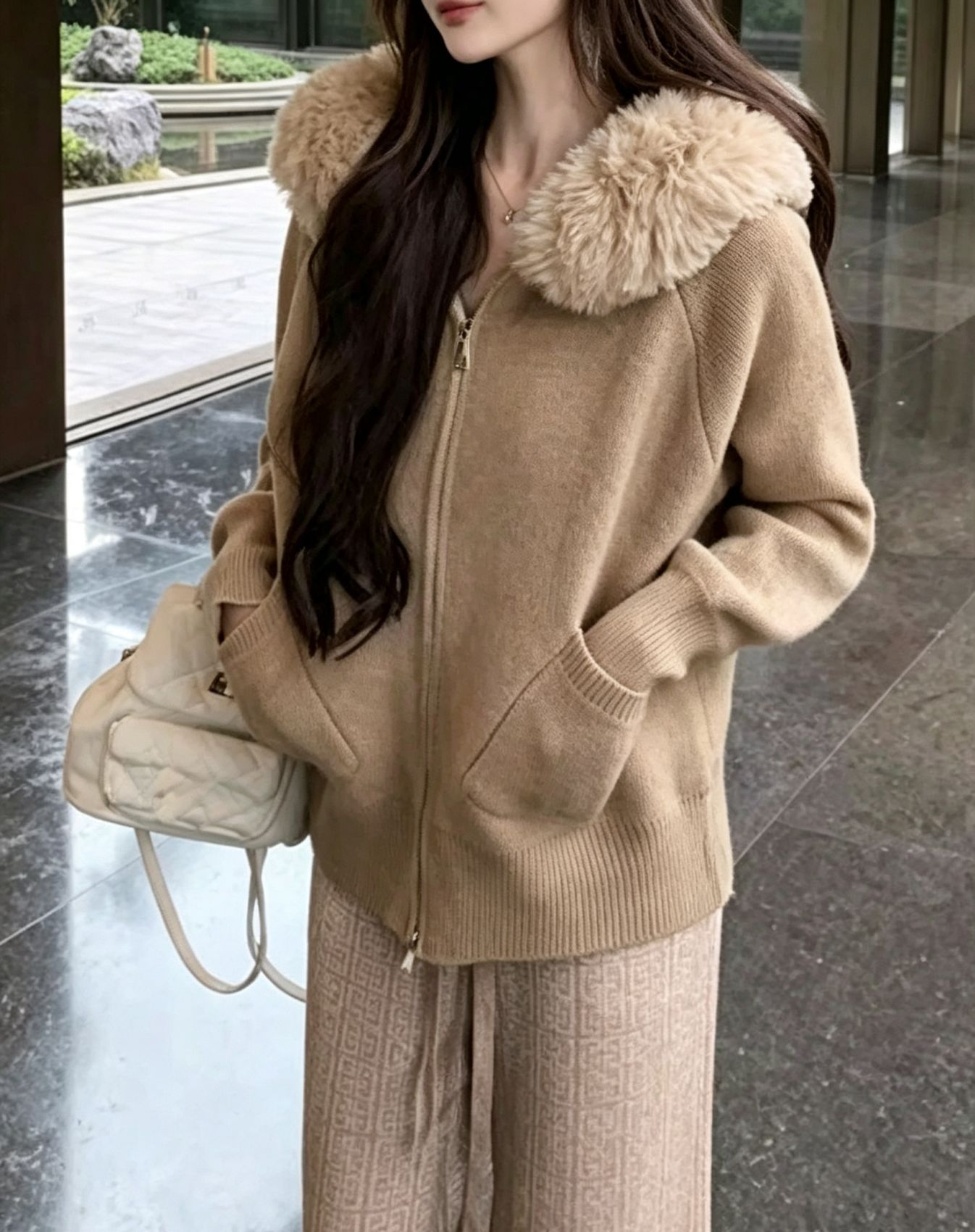 Women's Faux Fur Trim Hooded Zip Knit Cardigan Solid Color Loose Sweater with Pockets