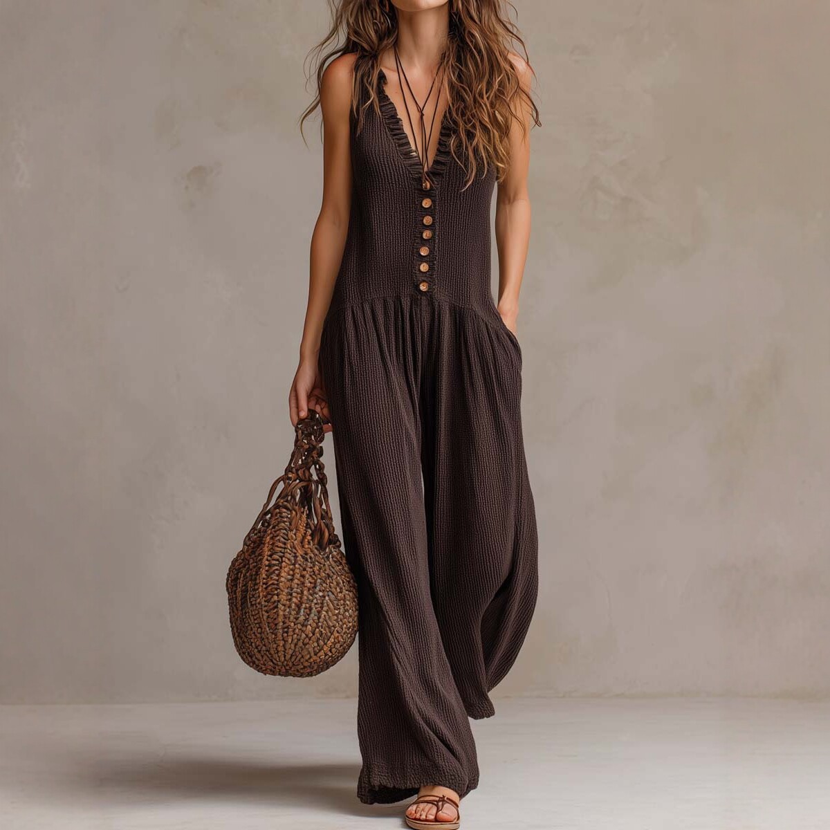 V-Neck Sleeveless Wide-Leg Knit Jumpsuit
