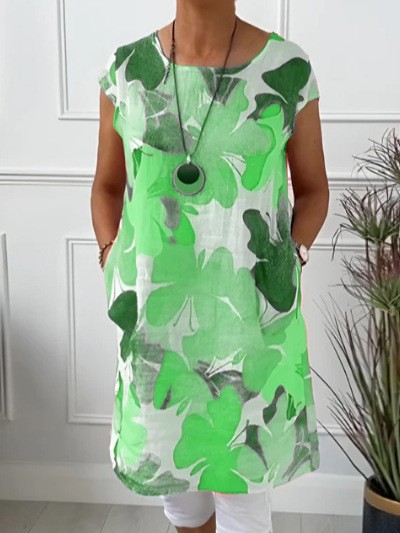 Floral Print Round Neck Loose Dress with Pockets