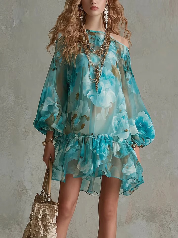 Lake Blue Watercolor Floral Off-Shoulder Bubble-Sleeve Ruched Ruffle Vacation Mini Dress
