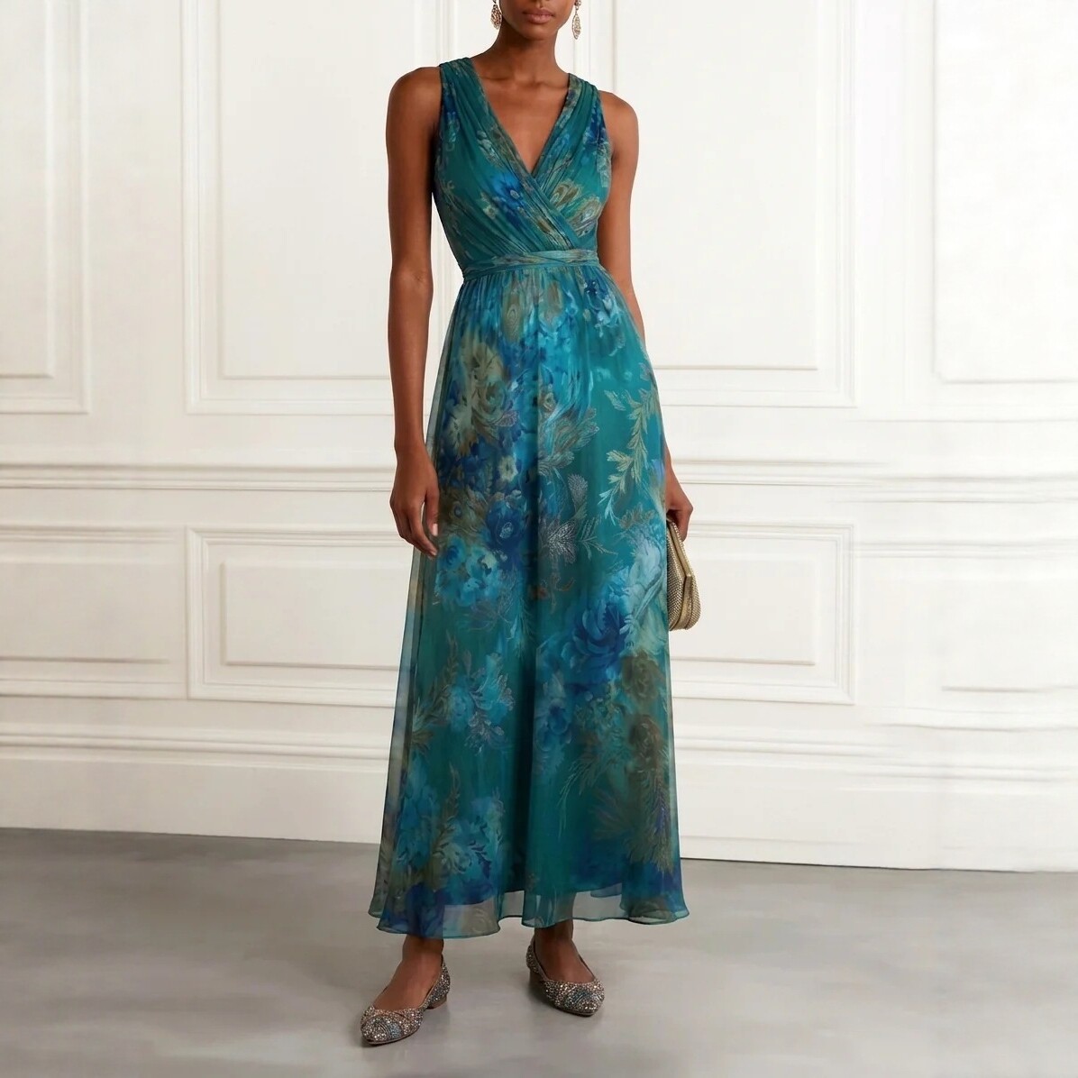 V-Neck Mesh Print Cinched Waist Sleeveless Long Dress