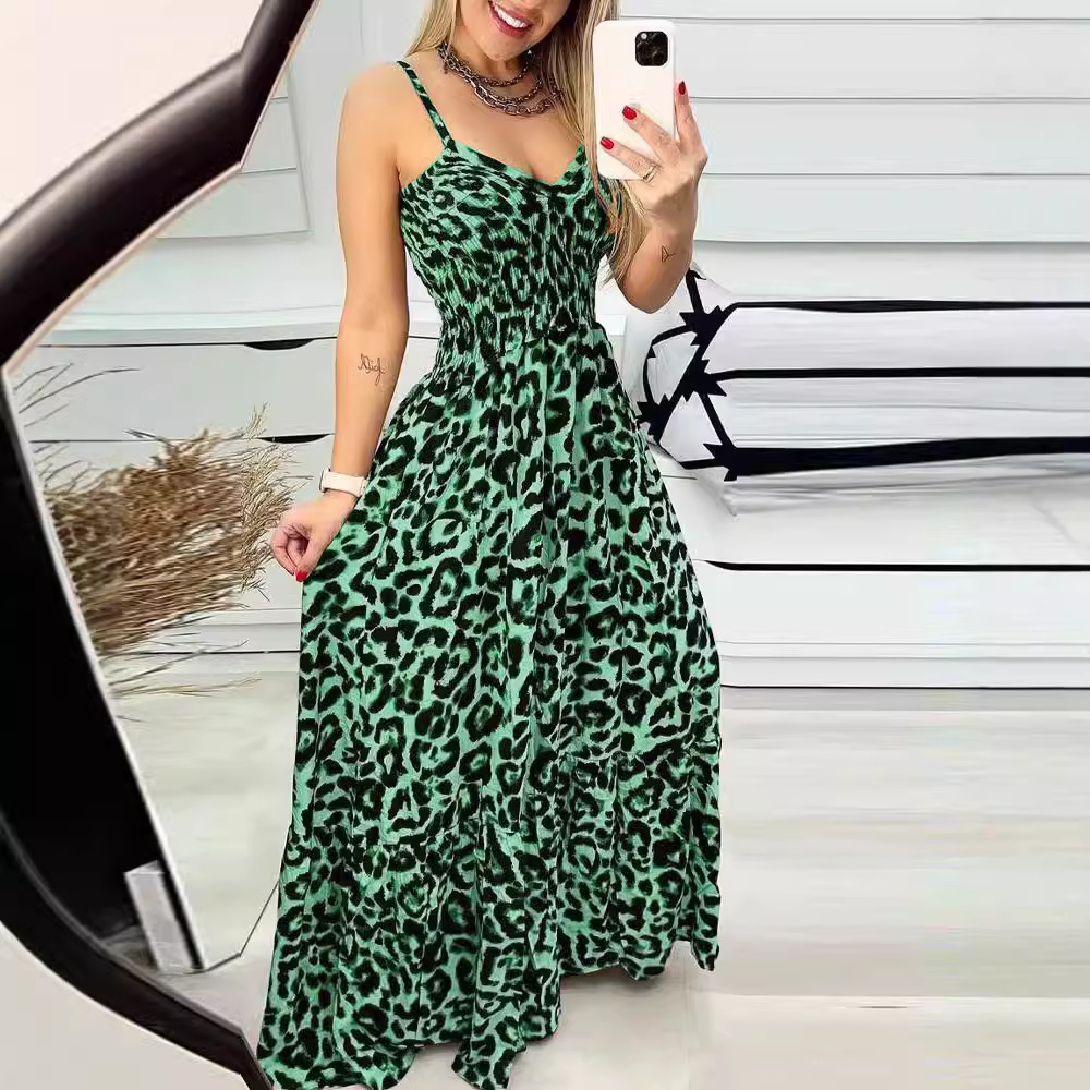 Leopard Print V-Neck Cami Maxi Dress High Waist Sexy