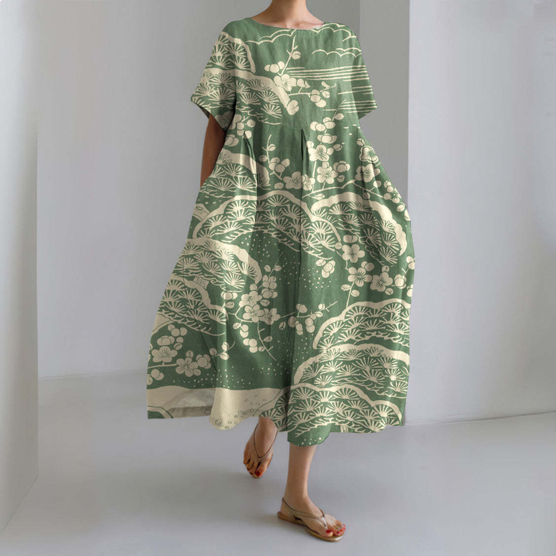 Women's Vintage Floral Print A-Line Midi Dress with U-Neck and Short Sleeves