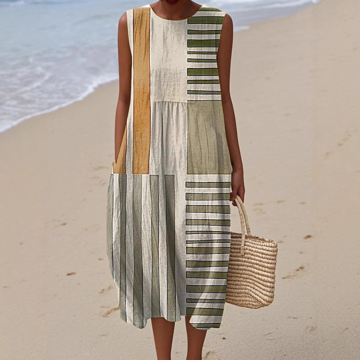 Women's Retro Multicolor Striped Floral Sleeveless Midi Dress