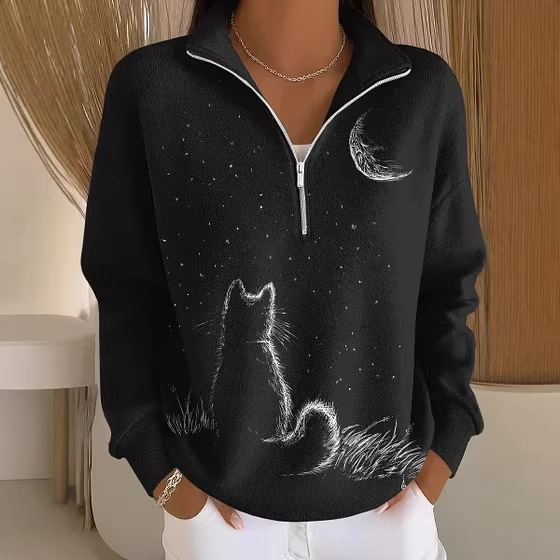 Cat & Moon Print Half-Zip Hoodie for Women