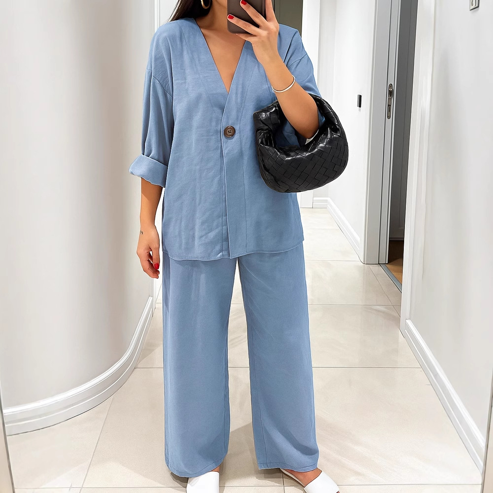Women's Casual V-Neck One-Button Cardigan and Pants Set