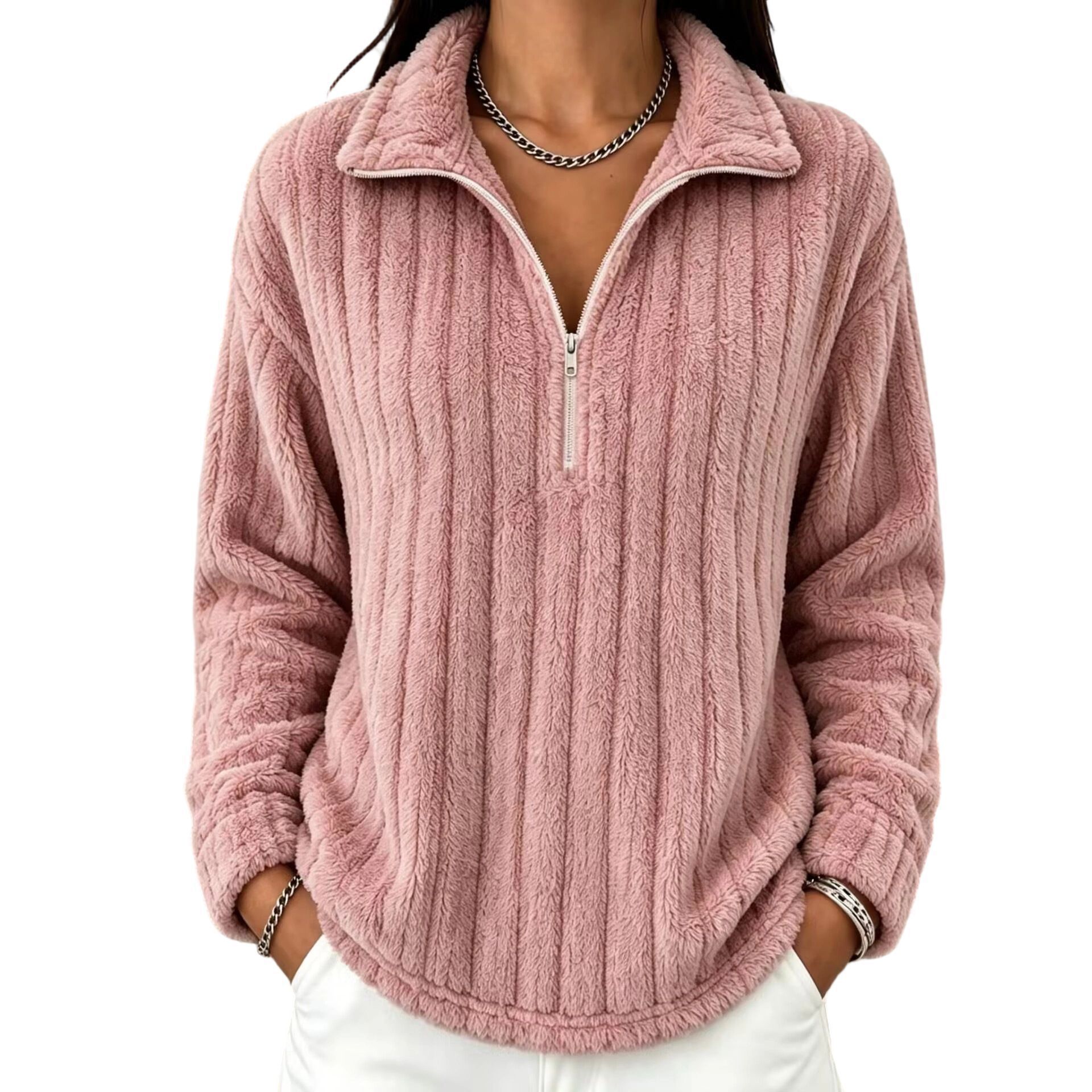 Ribbed Fleece Zip-Up Collared Long-Sleeve Sweatshirt