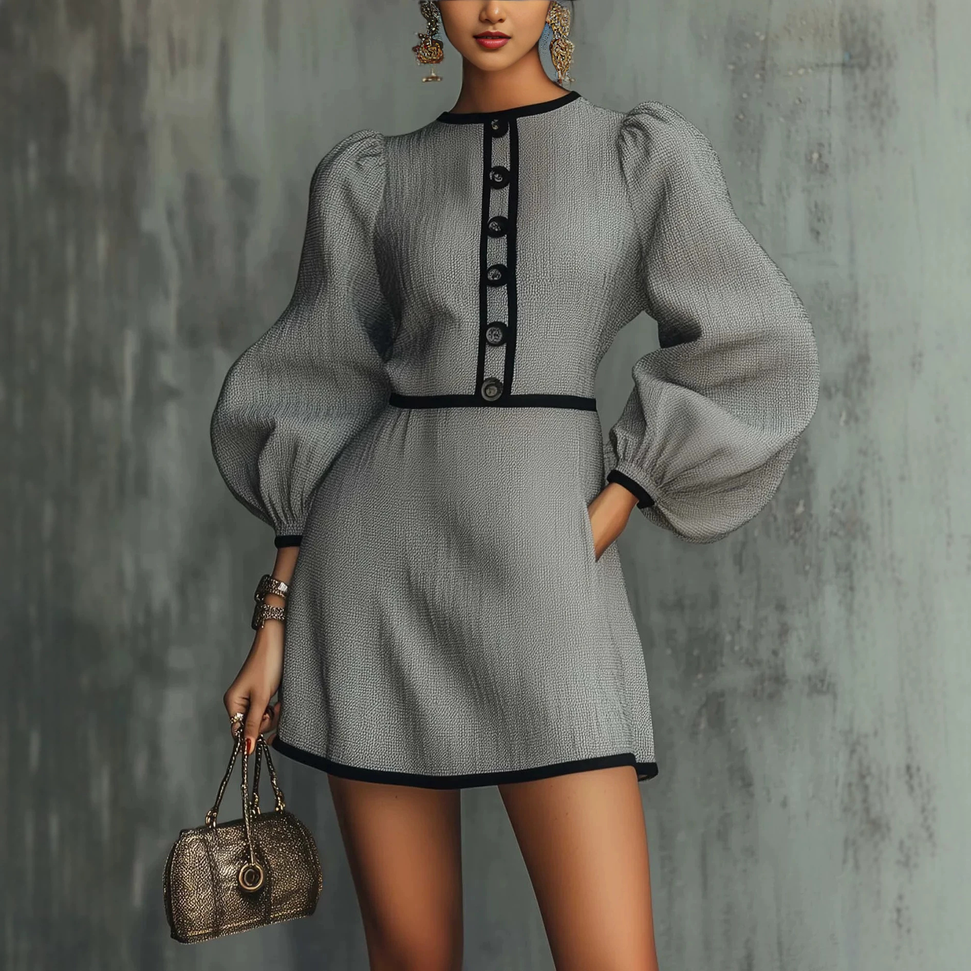 French-Style Gray Spliced Knit Dress with Button Detail