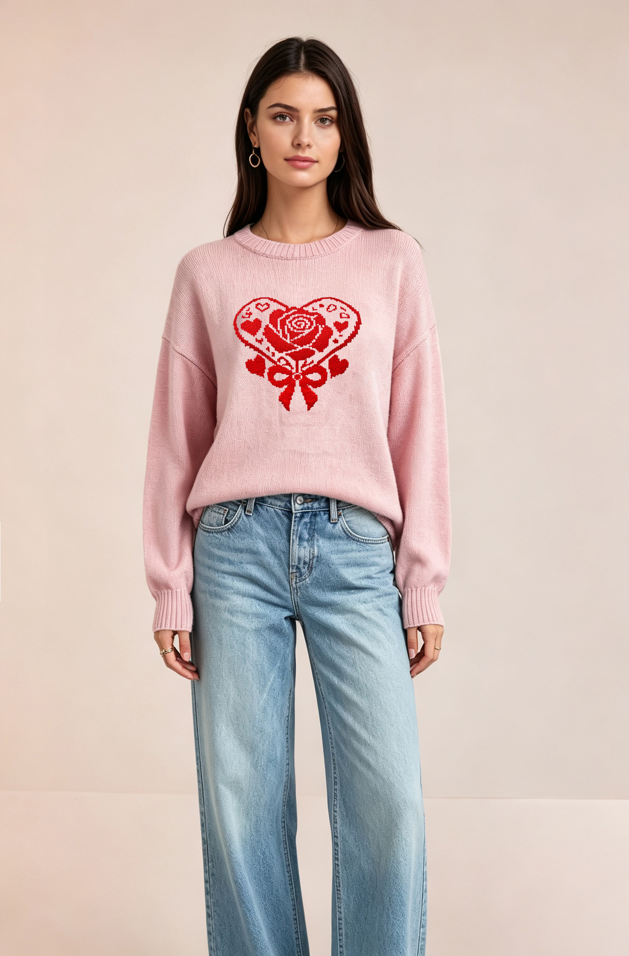 Heart Knit Sweater for Women Crewneck Long Sleeve Pullover