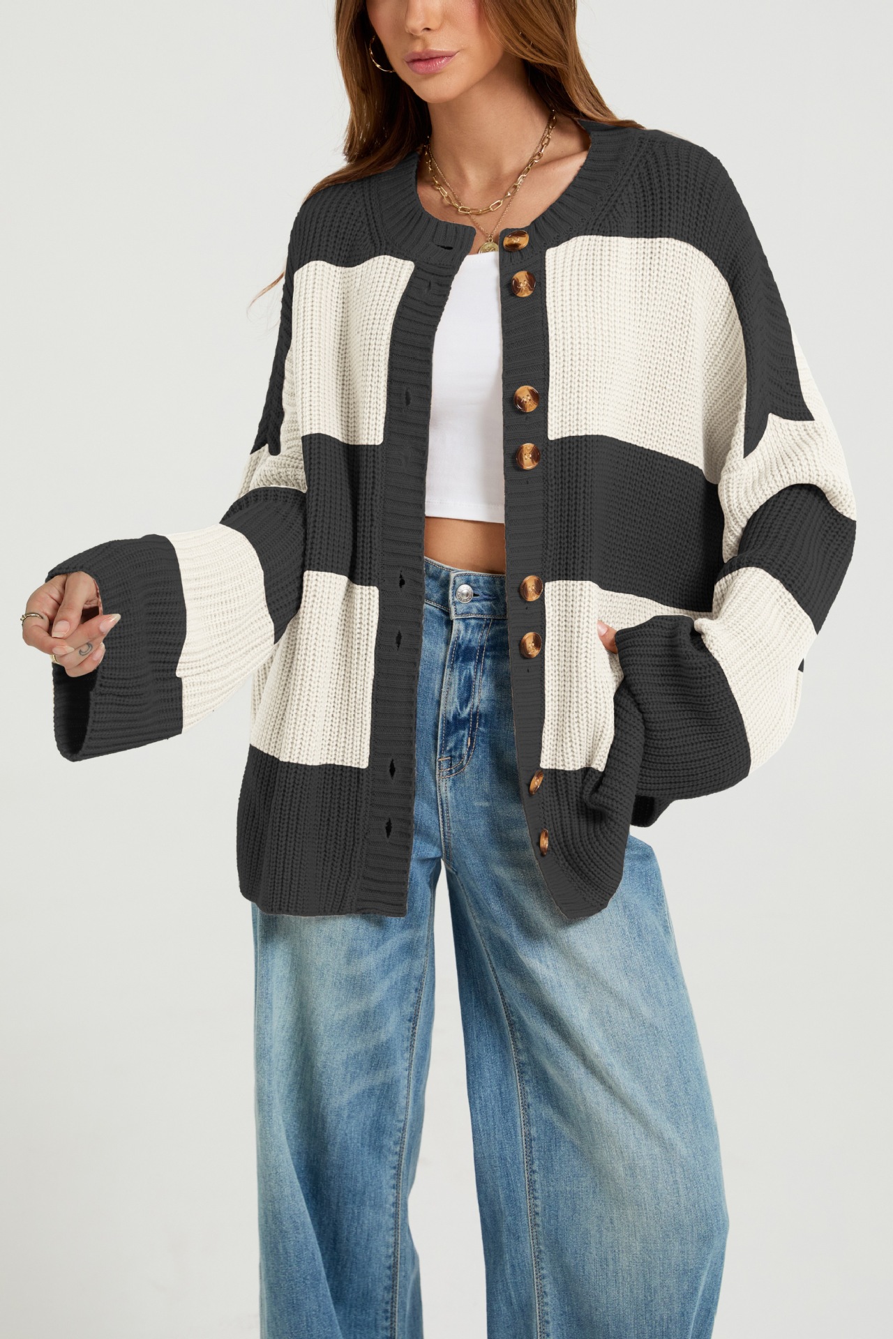 Striped Color-Block Knit Cardigan Sweater Coat