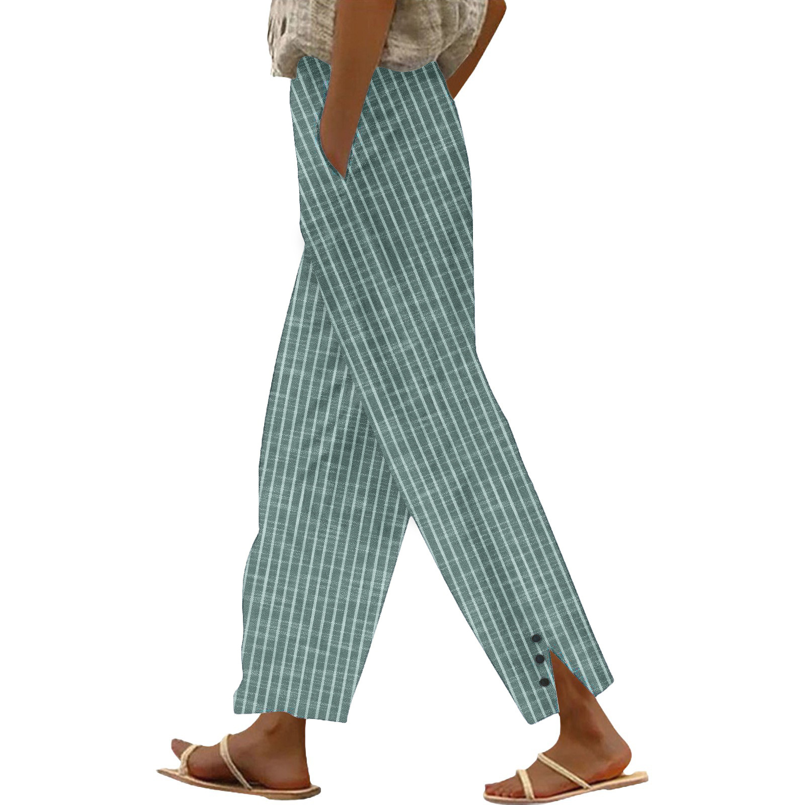 Women's Striped Straight-Leg Cropped Pants with Elastic Waist