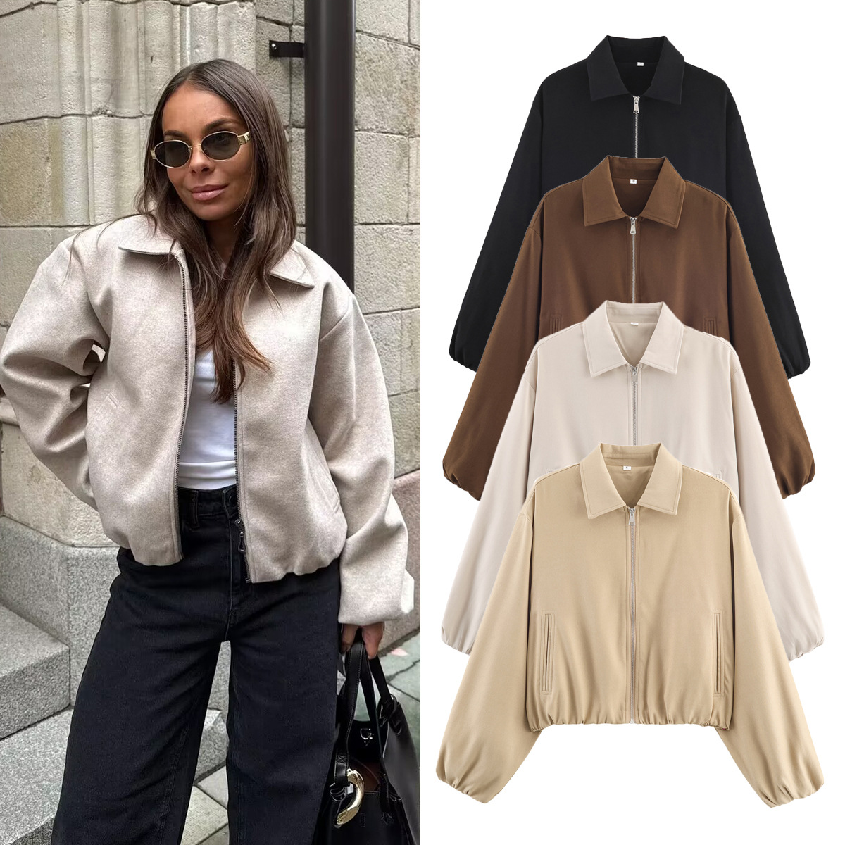 Women's Zip-Up Bomber Jacket with Puff Hem