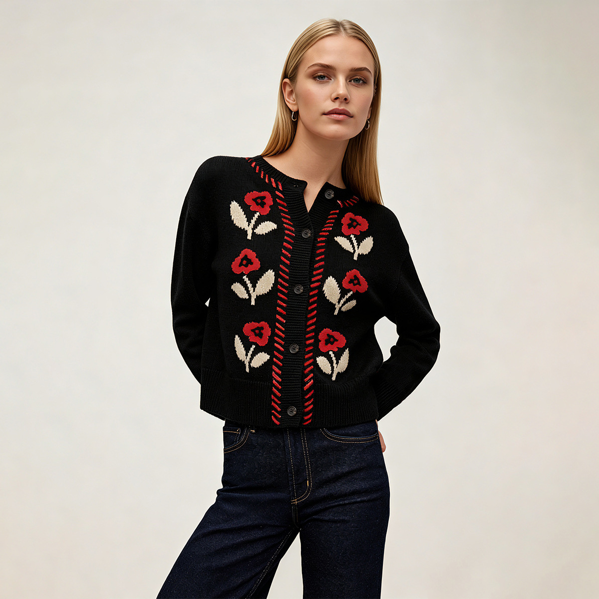 Floral Jacquard Knit Cardigan Women Round Neck Button Long Sleeve