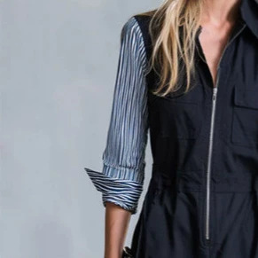 Black Patchwork Striped Long Sleeve Jumpsuit
