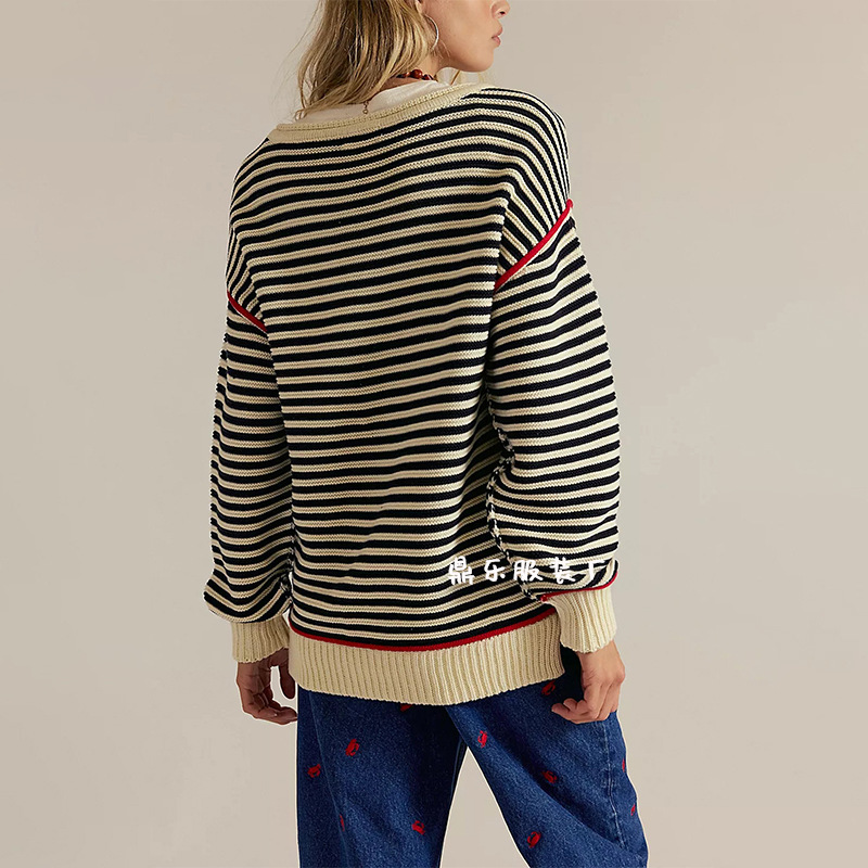 Striped Knit Crewneck Pullover Loose Sweater