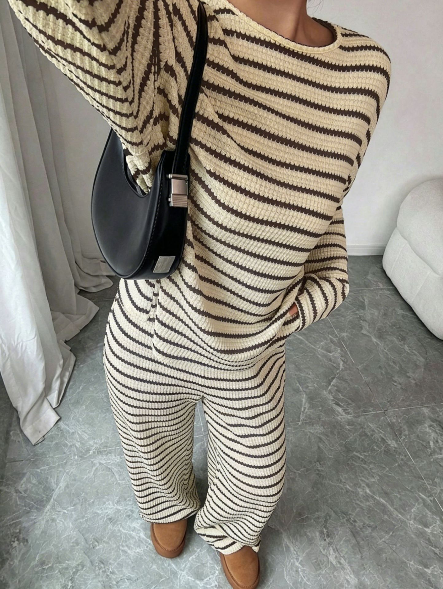 Women's Striped Round Neck Long Sleeve Top and Pants Two-Piece Set