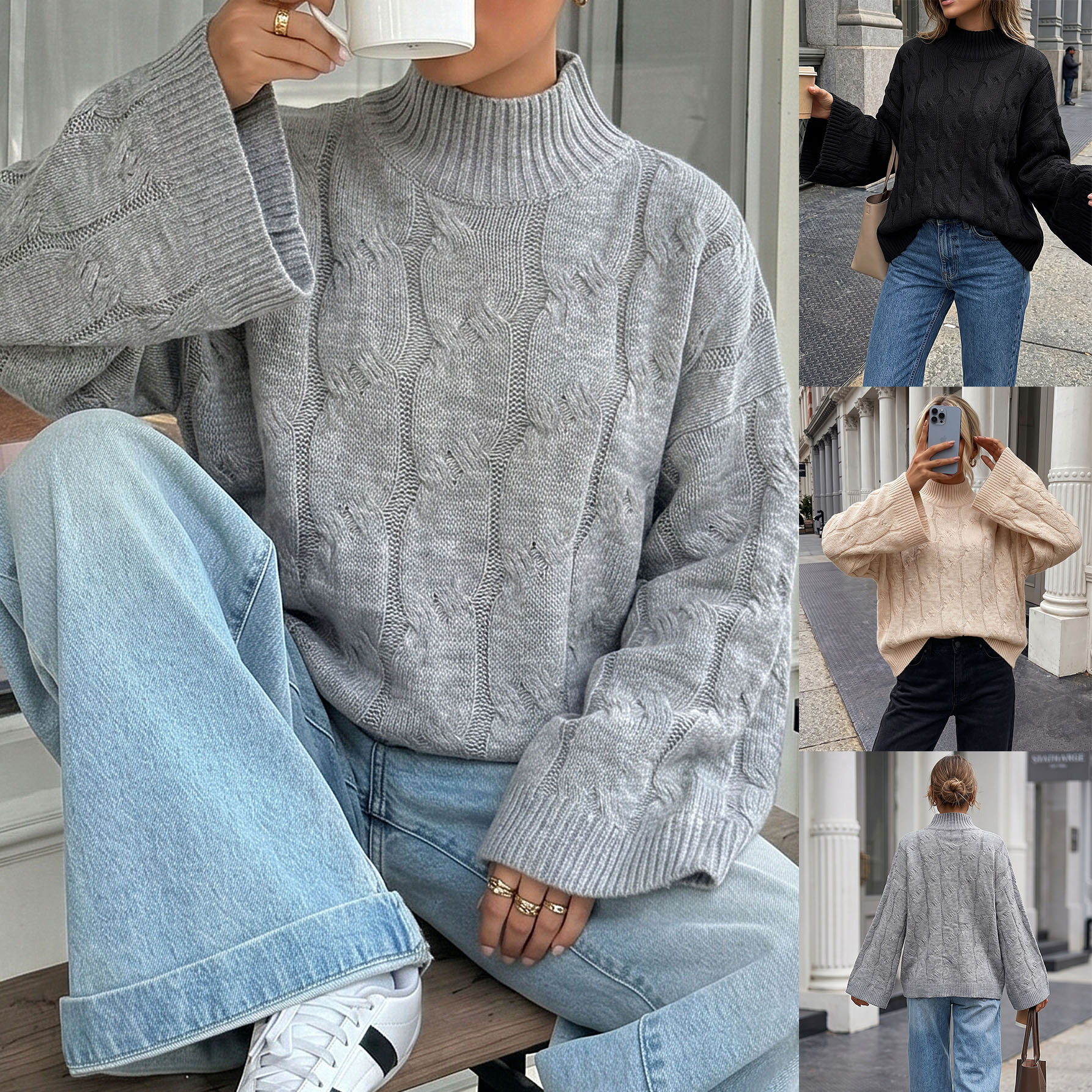 Women's Loose Fit Half Turtleneck Sweater with Flared Sleeves