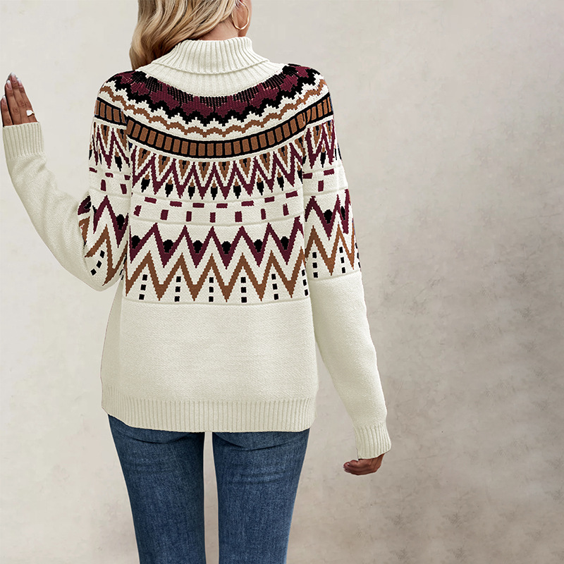 Retro Striped Color-Block Turtleneck Loose Knit Sweater