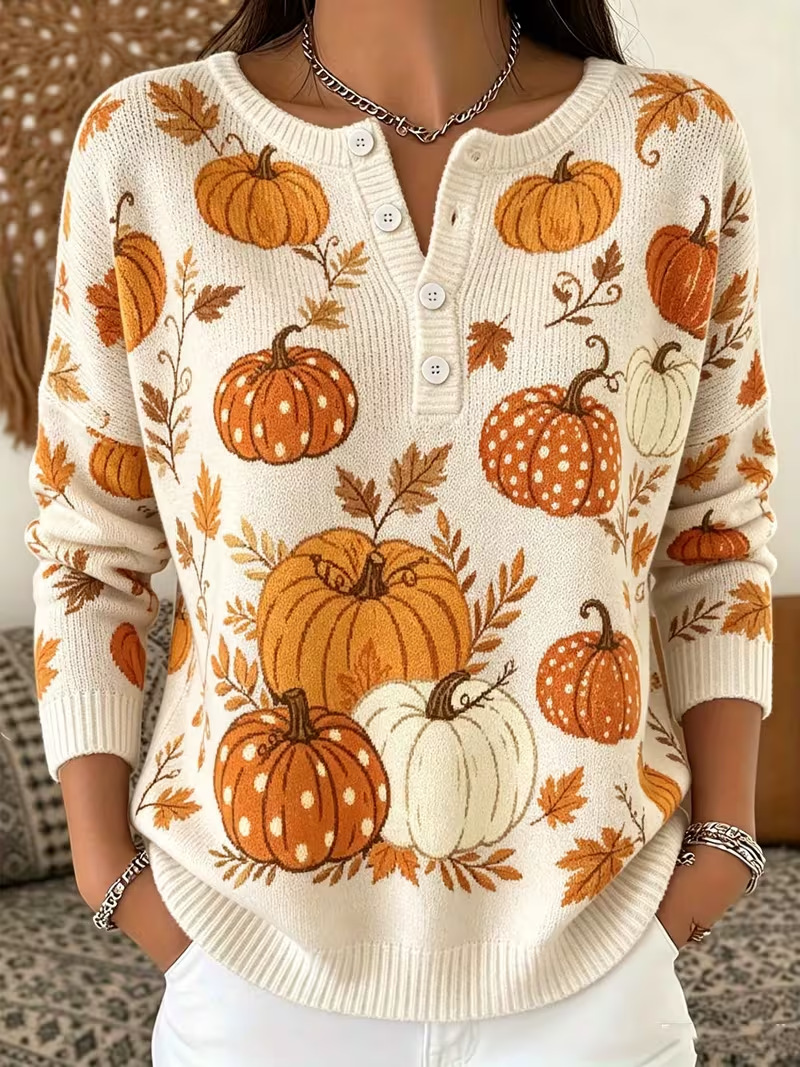 Women's Pumpkin Print Button-Up Casual Sweatshirt