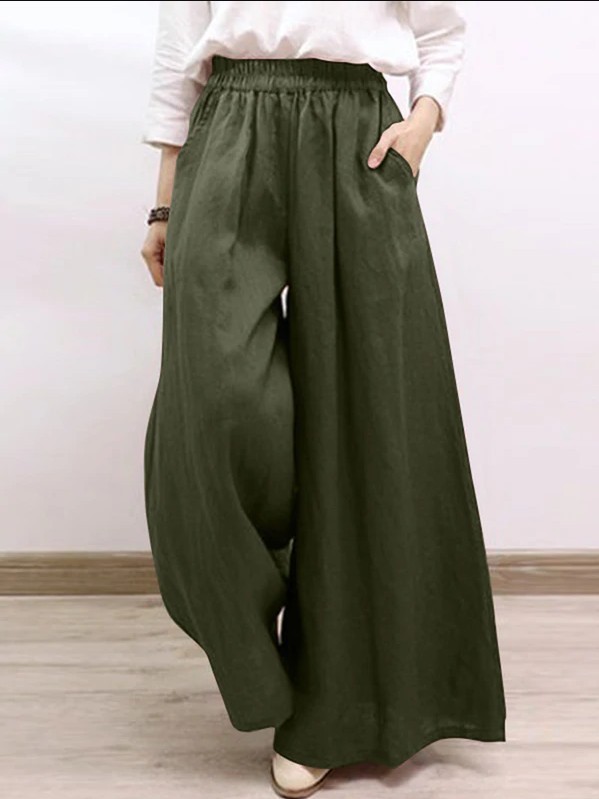 Women's Solid Cotton-Blend Wide-Leg Casual Pants