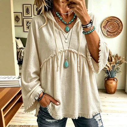 Annuo Self-Developed 2026 Europe & America Cross-Border Autumn/Winter New Women's Clothing Fall Loose Drawstring 3/4 Sleeve Casual Top for Women