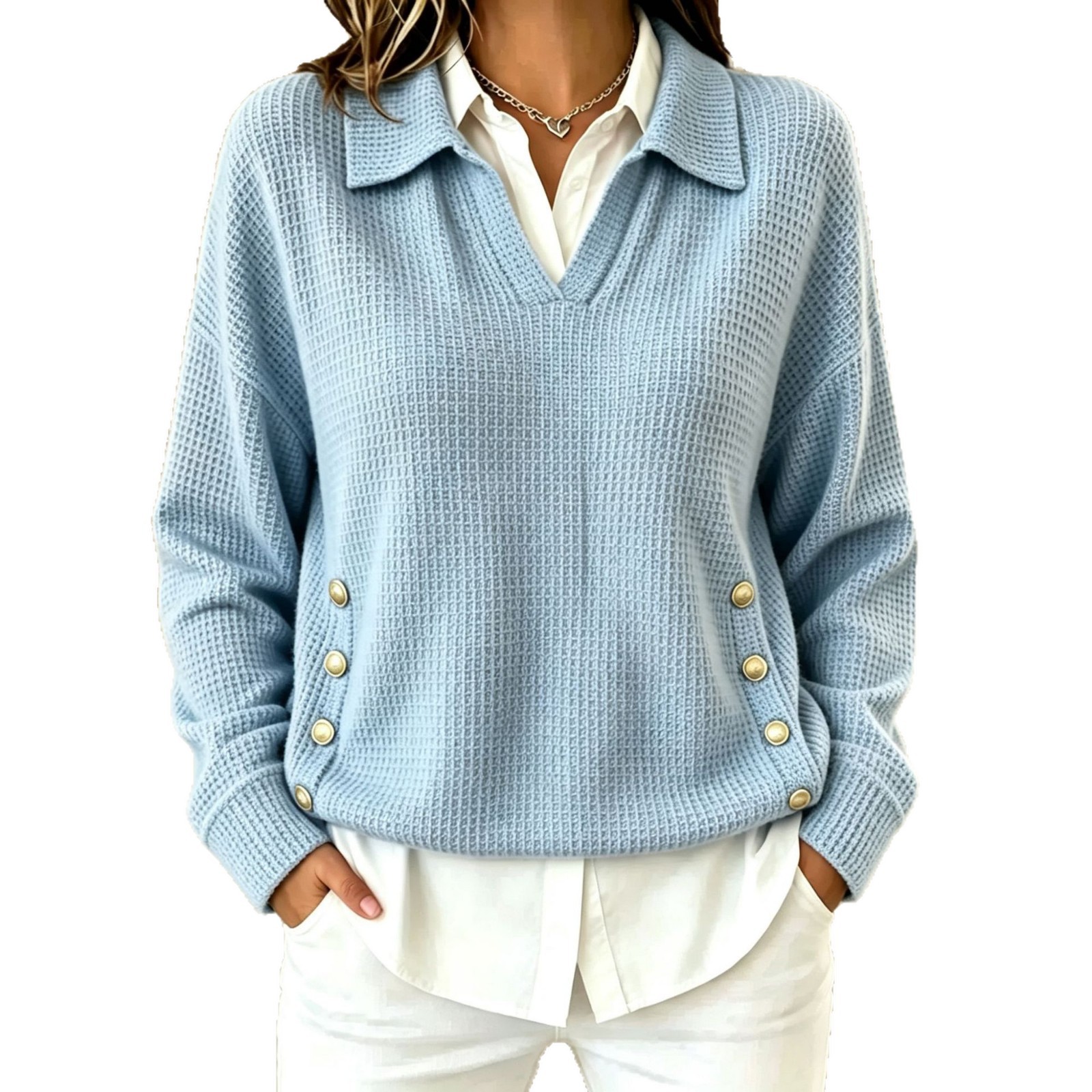 Waffle Knit Loose Fit Collared Pullover Sweatshirt with Buttons