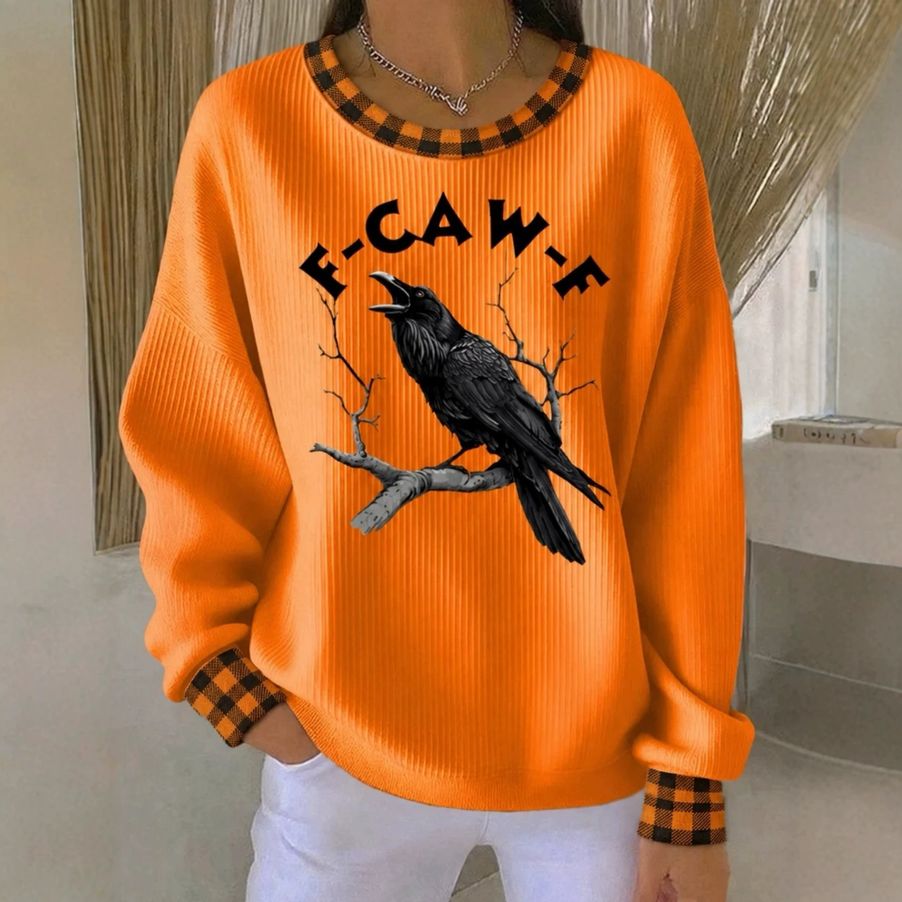 Crow Plaid Print Raw Edge Crewneck Long Sleeve Pullover Sweatshirt