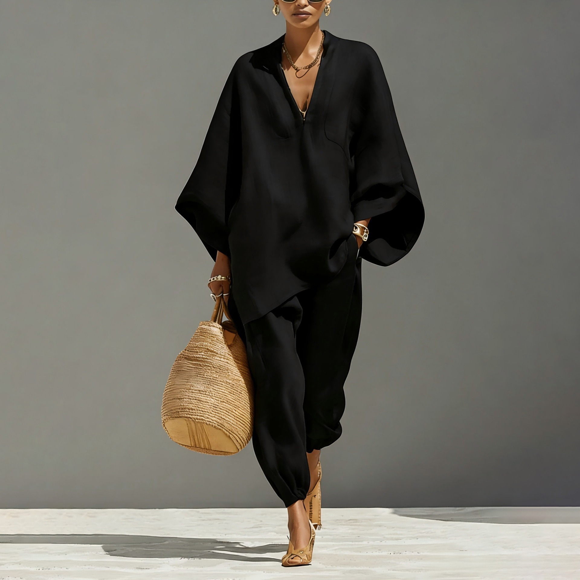 Women's Batwing Sleeve V-Neck Loose Casual Two-Piece Set