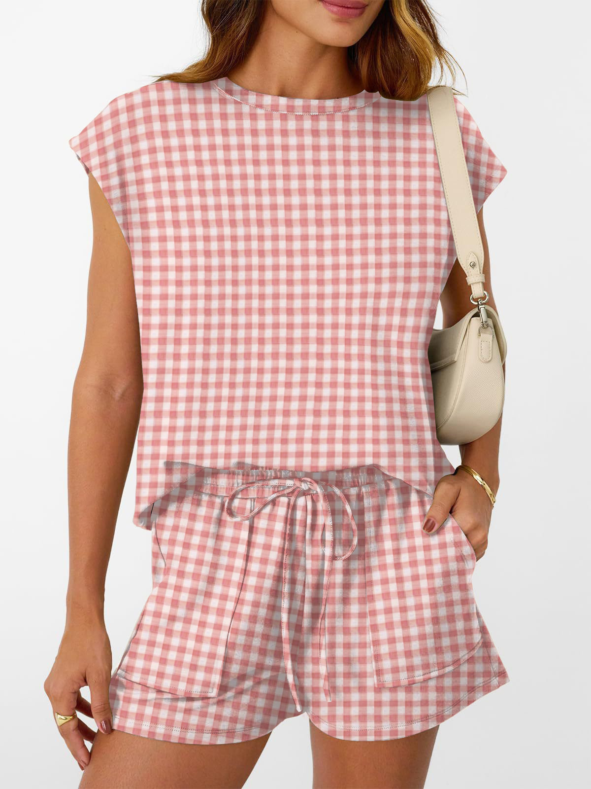 Plaid Sleeveless T-Shirt & Drawstring Shorts Set